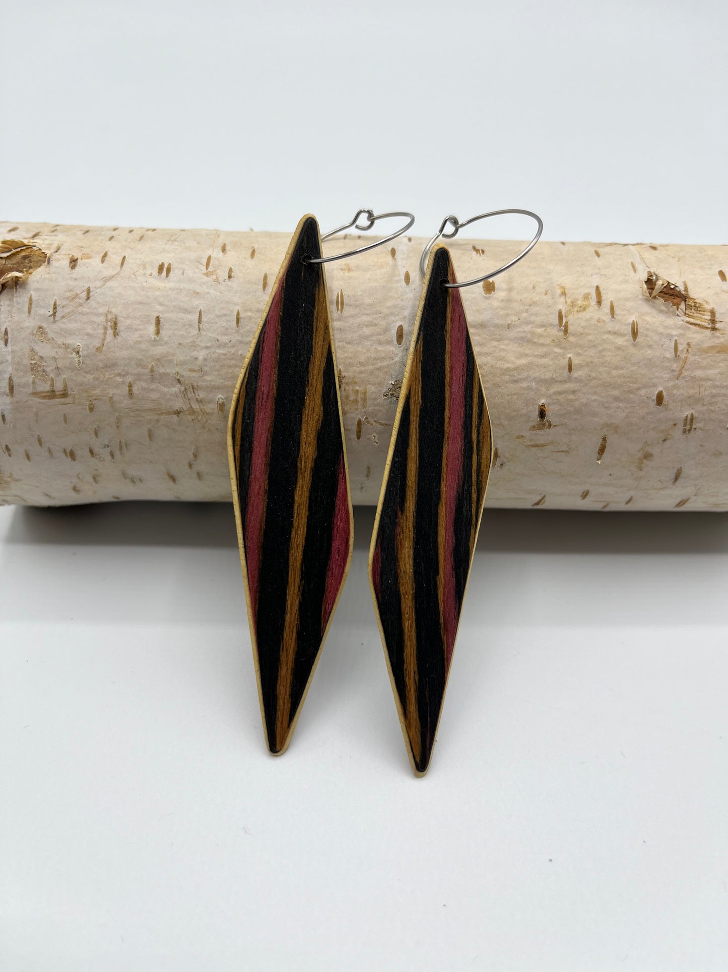 Recycled Wood (Black-Pink-Yellow) & Abachi Rhomboids with Hoops