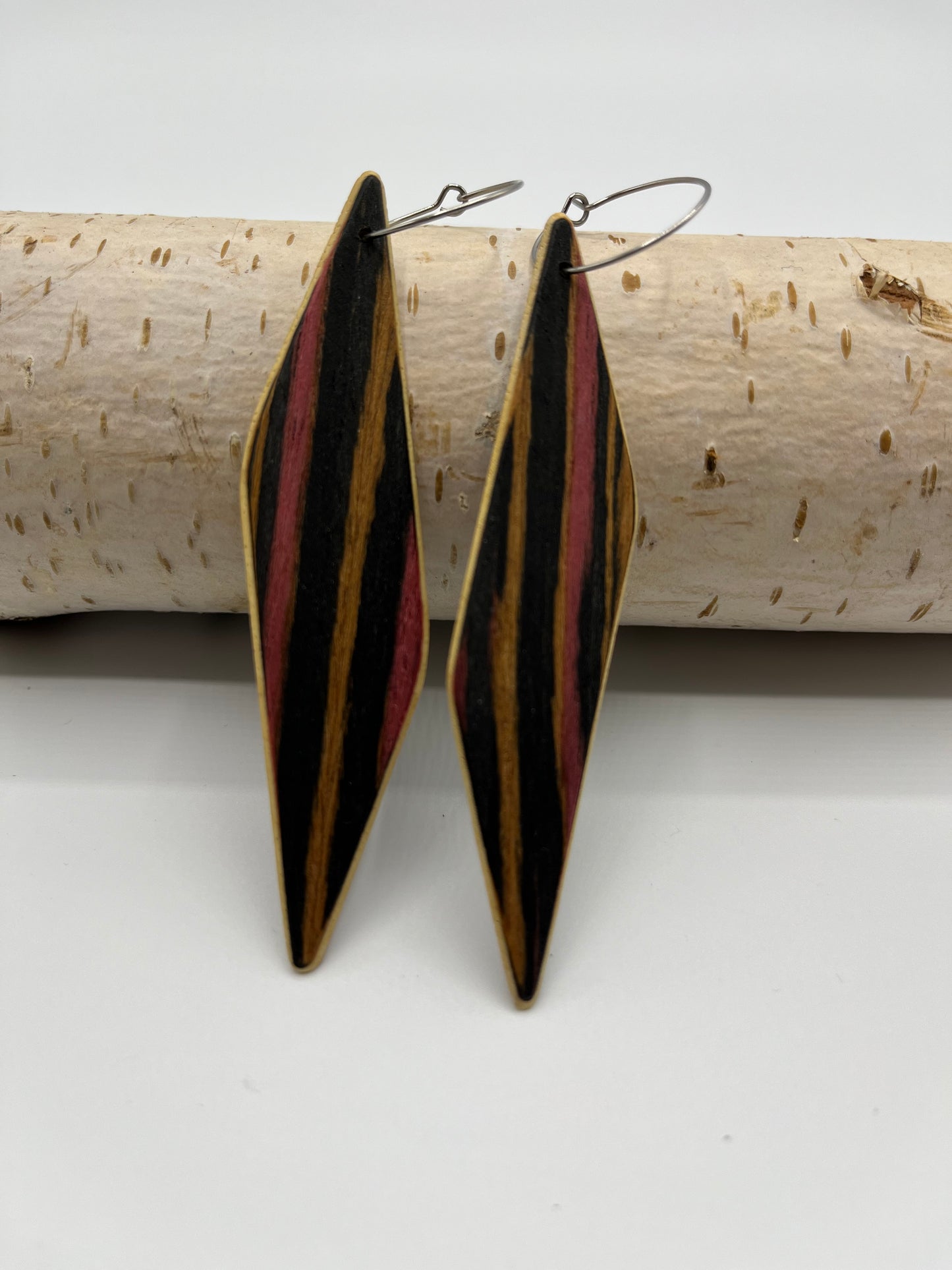 Recycled Wood (Black-Pink-Yellow) & Abachi Rhomboids with Hoops